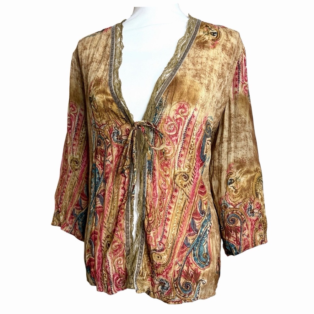 Vintage Piano Y2K Tie Front Blouse L Brown Pink Paisley Fairy Boho Festival Top - Picture 4 of 10